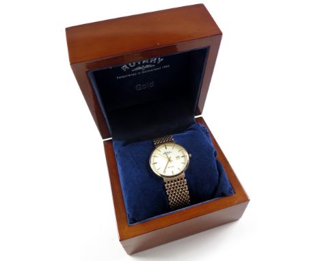 9ct gold Rotary Elite Wristwatch, with circular dial and integral flexible 9ct gold gate-link bracelet,boxed with paperwork, 