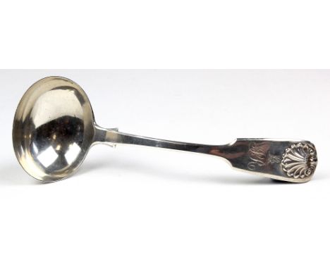 Silver Ladle, Hallmarked 'GGCG, Newcastle 1861', with shell decoration and engraved initials, weight 2.2 ounces approx., leng