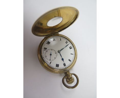 Gold plated Half Hunter pocket watch, the white dial with black Roman numerals and subsidiary dial at 6 o'clock, approx 50mm 