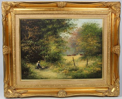 Three oil paintings by Les Parson of children playing in fields, together with a large 19th century oil on canvas of a rural 