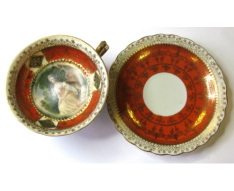 Royal Vienna Porcelain Portrait Cup and Saucer. Depicting a Lady seated with a dog at her side. Beehive mark to base of cup