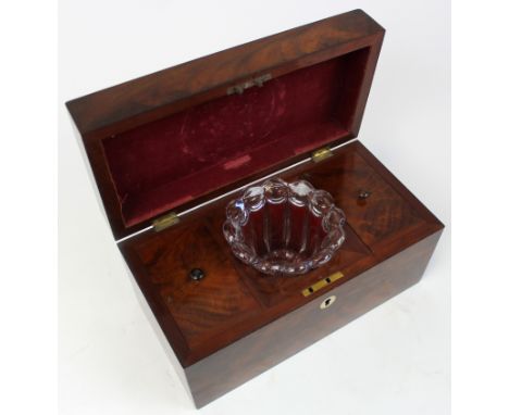 Mahogany tea caddy, circa 19th century, two compartments with lids and a glass bowl to centre, height 15.5cm, width 30.5cm, d