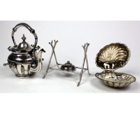 Silver Plated teapot & stand with burner, total height 23cm approx. together with a silver plated shell shaped sugar bowl wit