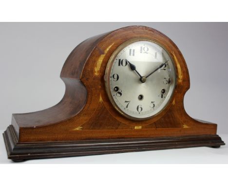 Large mahogany mantle clock with inlaid decoration, height 24cm, length 27.5cm approx.