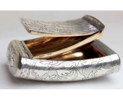 Silver curved snuff box, ornately decorated, hallmarked 'SP, Birmingham 1807', gilt lined, 7.7cm x 4.6cm approx., weight 2.5 