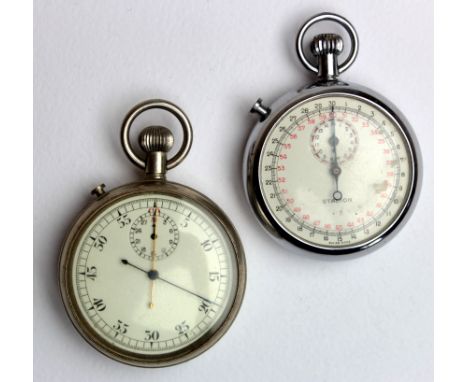 Military issue nickel cased pocket stopwatch, the dial with Arabic numerals and subsidiary thirty minute recording dial, the 