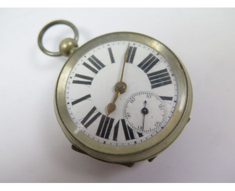 Base metal open face pocket watch.The white enamel dial with bold black Roman numerals, bordered by a minute track, subsidiar