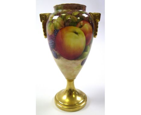 Royal Worcester Coalport twin handled vase, hand painted and signed by R. Budd (missing lid), height 