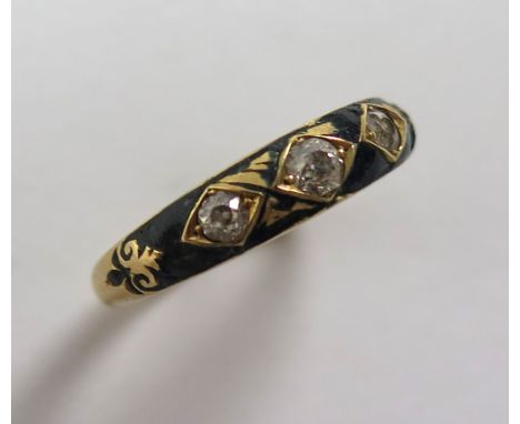 18ct Gold Black Enamel and Diamond Mourning Ring with inscription, hallmarked Birmingham 1893 size M weight 2.8 grams
