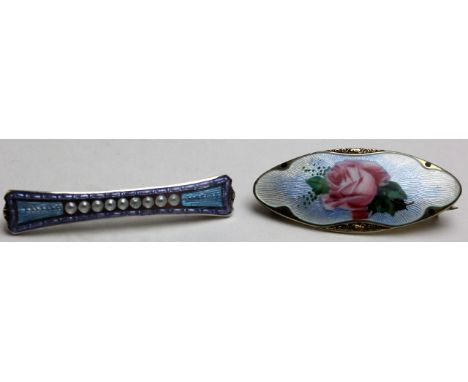 Two enamel silver brooches, 1 probably Norwegian marked 925S with a Maker's mark which is rubbed. The 2nd brooch is marked CH