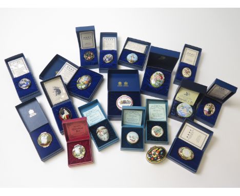 Seventeen enamel boxes mostly by Halcyon Days (one by Crummles), with only one not being in its original packaging