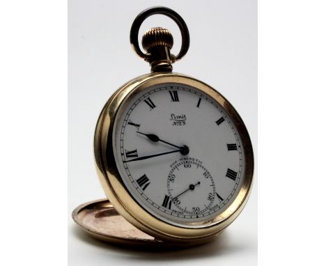 Limit No.2 gold plated open face pocket watch. The white enamel dial applied with black Roman numerals, bordered by a minute 