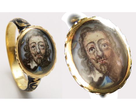 Fine and rare example of a 17th Century Charles I memorial ring. 'Struck in gold with black enamelled scrollwork to upper sha