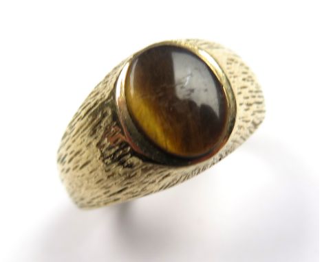 9ct Gold Tigers Eye Ring with bark finish size O weight 5.4 grams