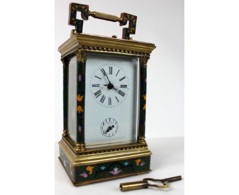 Brass and enamel five glass carriage clock (with key), circa early 20th century, wonderful coloured enamel floral decoration,