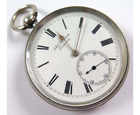 J. W. Benson silver open face pocket watch, hallmarked London 1891, the white enamel dial applied with black roman numerals, 