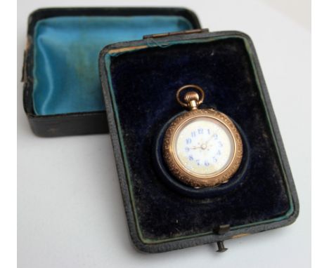 Ladies 14ct gold fob/pocket watch, the case with a foliage design and stamped inside 14kt DF & C (Dimier Freres et Cie ?). Th