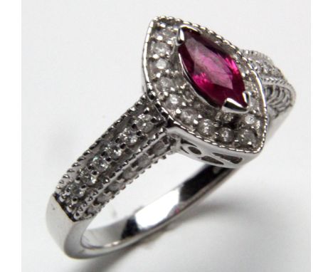 18ct White Gold Ring set with marquise Ruby surrounded by Diamonds size m weight 4.9 grams