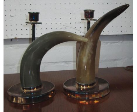 CANDLESTICKS, a pair, horns, by Arch, silver plate mounts, 23cm H. (2)