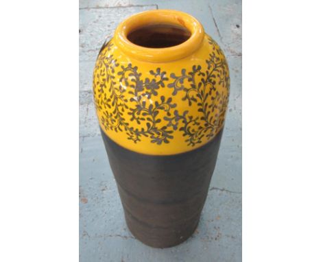 TALL CERAMIC VASE, with decorative yellow band and scrolling leaf decoration, 83cm H.