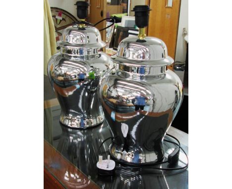 TABLE LAMPS, a pair, in chromed ceramic finish, 46cm. (2)