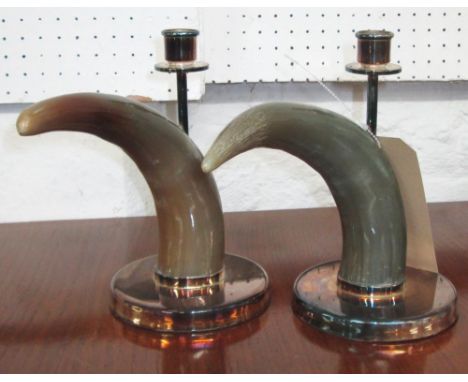 CANDLESTICKS, a pair, horns, by Arch, silver plate mounts, 23cm H. (2)