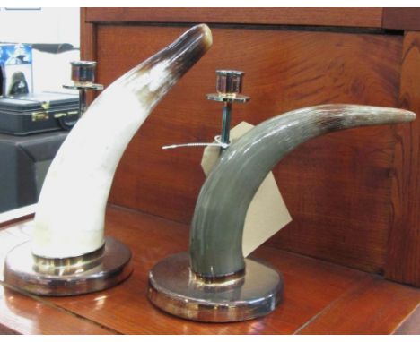 CANDLESTICKS, a pair, horns, by Arch, silver plate mounts, 23cm H. (2)