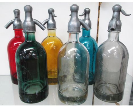 SODA BOTTLES, a set of six, multi-coloured vintage style, 31cm H. (6)