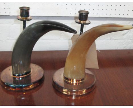 CANDLESTICKS, a pair, horns, by Arch, silver plate mounts, 23cm H. (2)