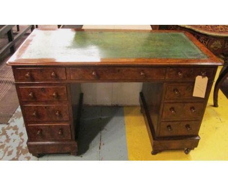 PEDESTAL DESK, Victorian burr walnut with gilt tolled vintage writing surface and nine drawers, 120cm x 63cm x 76cm H.