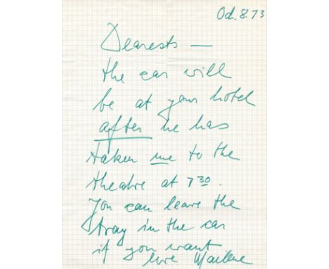 DIETRICH MARLENE: (1901-1992) German-American Actress and Singer. A.L.S., Marlene, one page, 4to (square graph paper), n.p., 