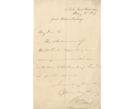 BRUNEL ISAMBARD KINGDOM: (1806-1859) British Engineer. A.L.S., I K Brunel, one page, 8vo, Duke Street, Westminster, 12th May 