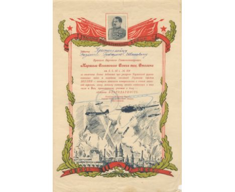 [STALIN MILITARY AWARD]: An attractive and colourful Russian military award, one page, folio, n.p., 2nd May 1945, to "Tovaris