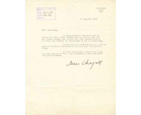 CHAGALL MARC: (1887-1985) Russian-born French Artist. A fine T.L.S., `Marc Chagall´, a good and bold signature example, one p