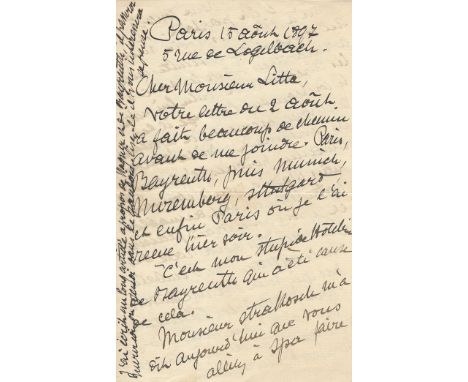 MAUREL VICTOR: (1848-1923) French Baritone. Rare A.L.S., `V.or Maurel´, four pages, 8vo, Paris, 15th August 1897, to Monsieur