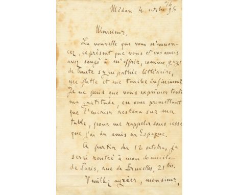 ZOLA EMILE: (1840-1902) French Writer. A.L.S., Emile Zola, two pages, on two separate sheets, Médan, 4th October 1895, to an 