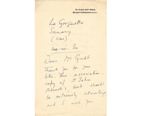 HUXLEY ALDOUS: (1894-1963) English Writer.A.L.S., Aldous Huxley, two pages, 8vo, Sanary-sur-Mer, 24th December 1930, to Mr. [