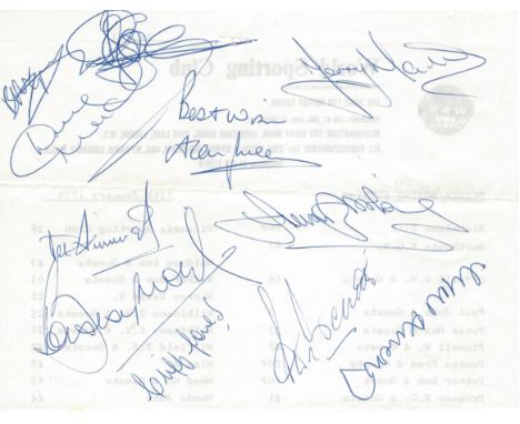 FOOTBALL: An oblong 8vo sheet of stationery individually signed to the verso by nine footballers, all of whom played in the E