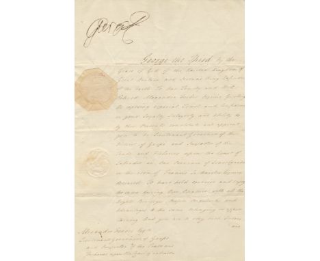 GEORGE III: (1738-1820) King of the United Kingdom 1760-1820. A fine D.S., George R, (a large "mad time" bold ink signature) 