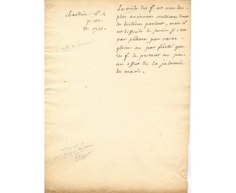 Rousseau refers to Women and Veils ROUSSEAU JEAN-JACQUES: (1712-1778) French Writer and Philosopher. An interesting autograph