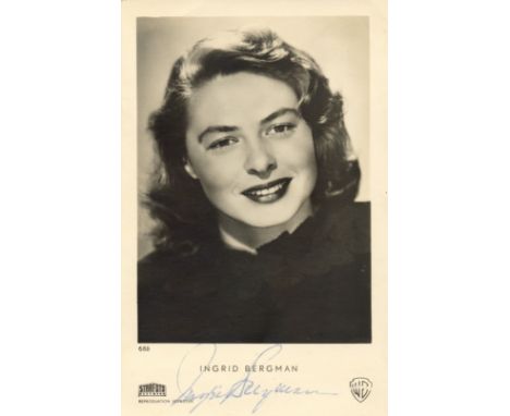 BERGMAN INGRID: (1915-1982) Swedish Actress, Academy Award winner. Vintage signed 3.5 X 5.5 photograph by Bergman. The Warner