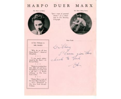 MARX HARPO: (1888-1964) American Film Comedian, one of the Marx Brothers. A brief A.L.S., with his initial H, one page, 4to, 