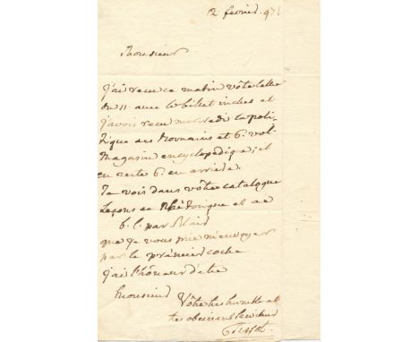 TISSOT SAMUEL AUGUSTE: (1728-1797) Swiss Physician. A good A.L.S., `Tissot´, one page, [Lausanne], 12th February 1797, to Mon