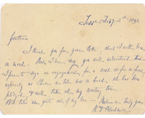 BLACKMORE R. D.: (1825-1900) English Novelist of Lorna Doone: A Romance of Exmoor (1869). A.L.S., R. D. Blackmore, on one sid