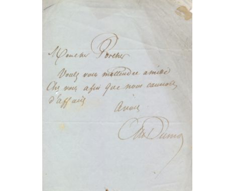 DUMAS ALEXANDRE: Père (1802-1870) French Writer whose works include The Three Musketeers. A.L.S., Al. Dumas, one page, small 