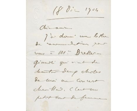 SAINT-SAËNS CAMILLE: (1835-1921) French Composer. A good A.L.S., `C. Saint-Saëns´, three pages, 8vo, n.p., 18th December 1904