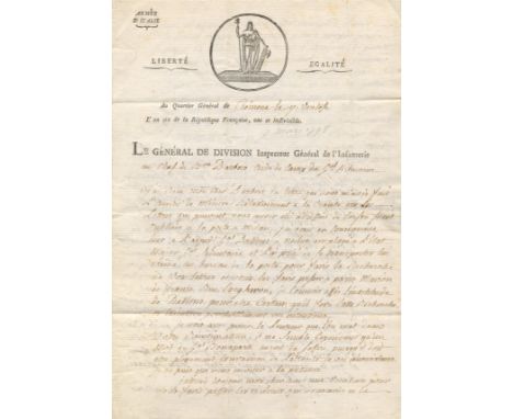 SÉRURIER JEAN MATHIEU PHILIBERT: (1742-1819), Marshal of France. A fine A.L., three pages, folio, Cremona, 7th March 1798, to