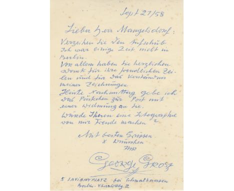 GROSZ GEORGE: (1893-1959) German Artist. A.L.S., George &amp; Eva Grosz, also on behalf of his wife, one page, slim 4to, Doug