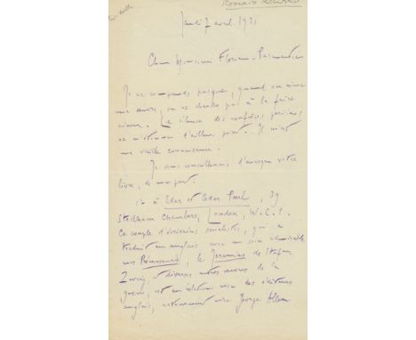 ROLLAND ROMAIN: (1866-1944) French Dramatist & Novelist, Nobel Prize winner for Literature, 1915. An excellent A.L.S., Romain