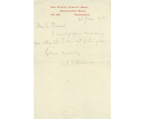 HOUSMAN A. E.: (1859-1936) English Classical Scholar & Poet. A brief A.L.S., A. E. Housman, one page, 8vo, Cambridge, 26th Ju